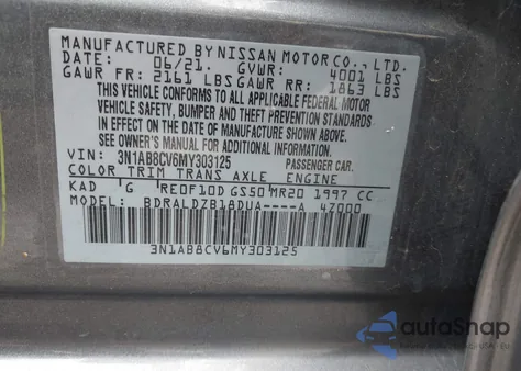 2021 Nissan Sentra Sv Xtronic Cvt из США, поврежденный, VIN 3N1AB8CV6MY303125